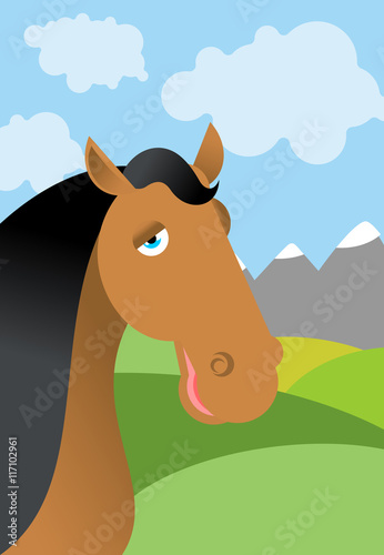 Horse and summer landscape. Head animal in nature. Gren fields a