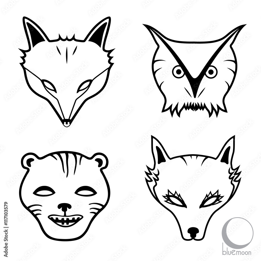 animal faces or masks, fox, owl, cougar and wolf logo or design in black  and white Stock Vector | Adobe Stock