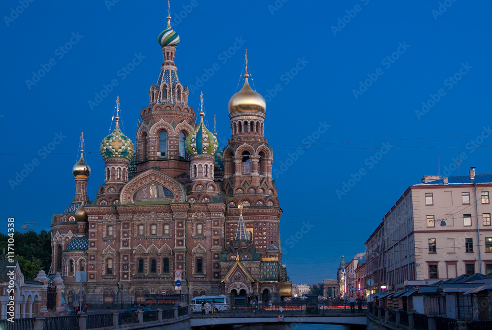 Summer view of the Field of Mars (Marsovo Polye) and Church of the Savior on Spilled Blood (Cathedral of the Resurrection of Christ) in wite night of Saint-Peteresburg city, Russia