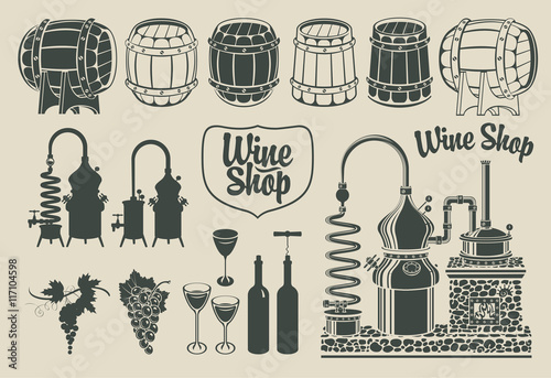 set of drawings of objects on the topic of wine production and sales