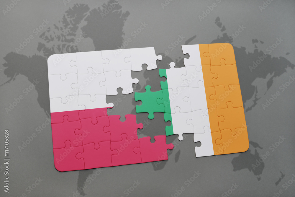 puzzle with the national flag of poland and ireland on a world map ...