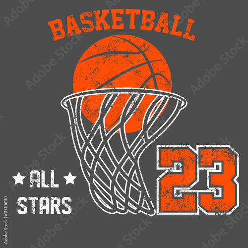 Vintage American old grunge effect tee print vector design. Premium quality superior basketball retro logo concept. Shabby t-shirt and hoodie emblem.