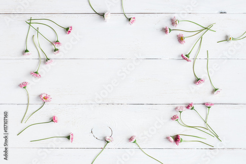 frame of daisy flowers on wooden white background, top view, fla