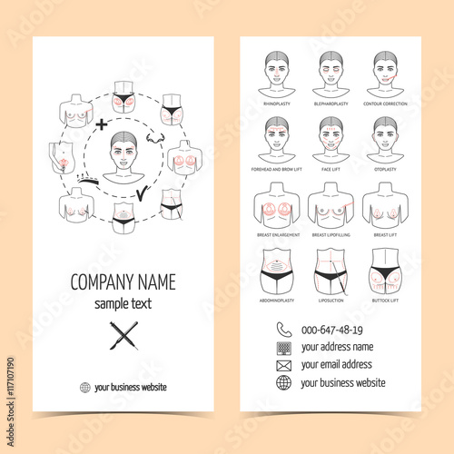 Set of flyer, brochure for plastic surgery clinic with line icons. Set of promotional products. Flat design. Vector