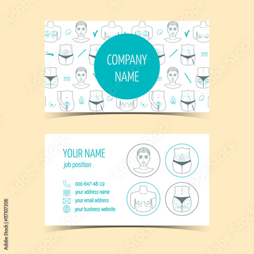 Business cards for plastic surgery clinic . Promotional products. Line icons. Flat design. Vector