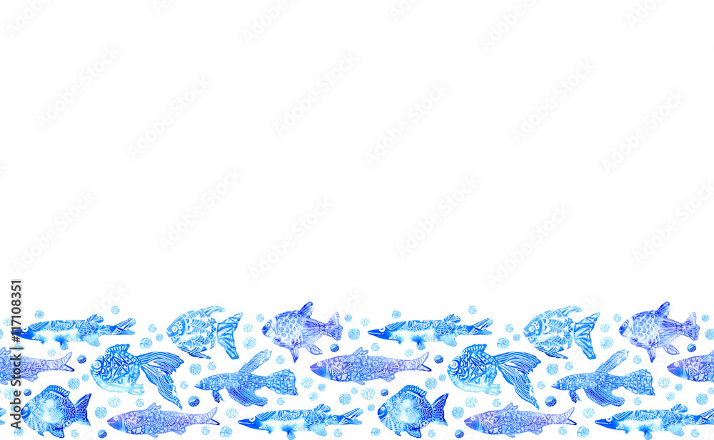 seamless border with stylized blue fish. watercolor hand drawn