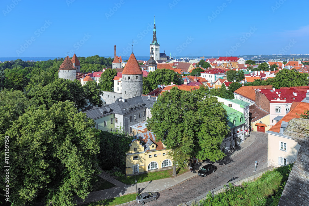 Tallinn, Estonia. View from the Patkuli viewing platform on the Lower Town with St. Olaf's Church, Transfiguration Cathedral and towers of Tallinn City Wall.
