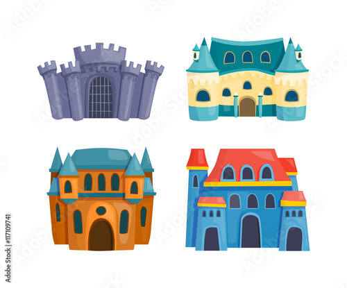 Cartoon fairy tale castle tower icon. Cute cartoon castle architecture. Vector illustration fantasy house fairytale medieval castle. Princess cartoon castle cartoon stronghold design fable isolated.