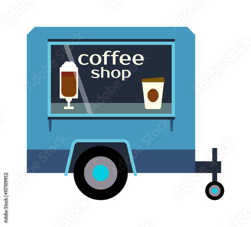 Street food coffee festival color trailer labels , van restaurant. Cafe urban food truck trailer, mobile market, event and transport. Vector illustration food truck trailer, fast delivery service.