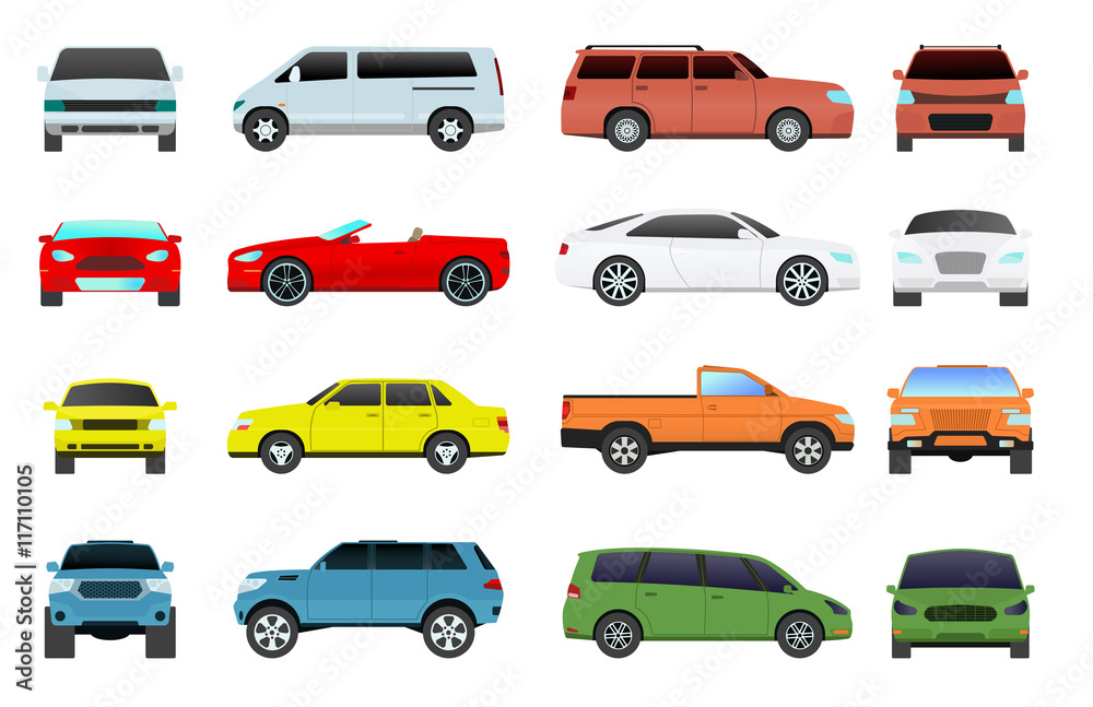 Car type and model objects icons set multicolor automobile supercar. Wheel symbol car types coupe hatchback. Traffic collection showroom camper car types minivan flat mini automotive.