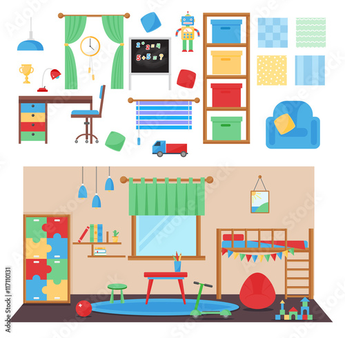 Horizontal view of cozy baby room decor. Cozy children bedroom interior with furniture and toys. Baby room with furniture furniture design infant. Nursery childhood interior boy baby room.