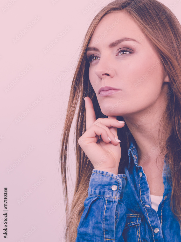 Pensively girl with blue shirt. Pensively girl with blue shirt.