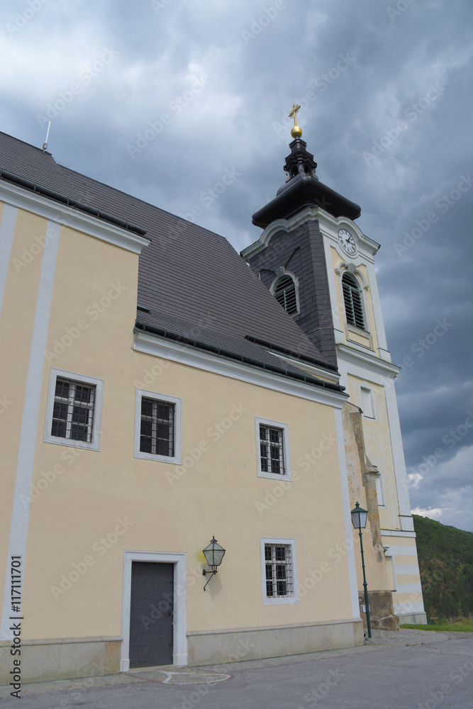 Big church on hill in Unterhoflein village