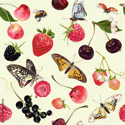 Berry butterfly seamless pattern.
