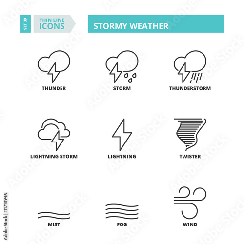 Thin line icons. Stormy weather