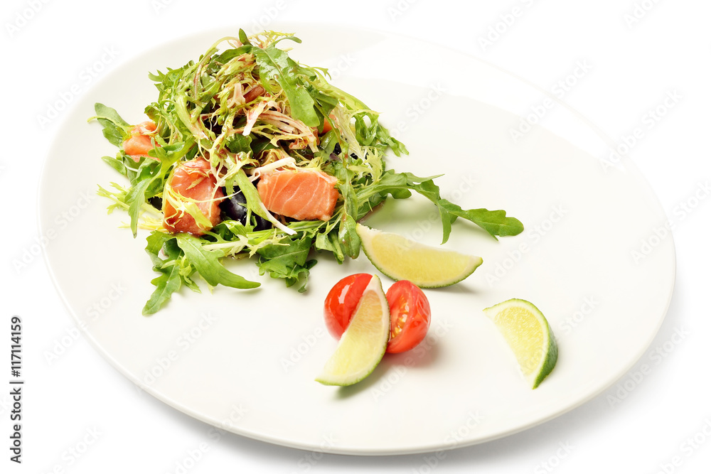 Salmon and ruccola fresh salad on plate isolated on white Salmon and ruccola fresh salad on plate isolated on white
