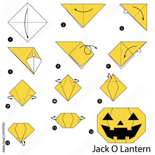 step by step instructions how to make origami Jack O Lantern.