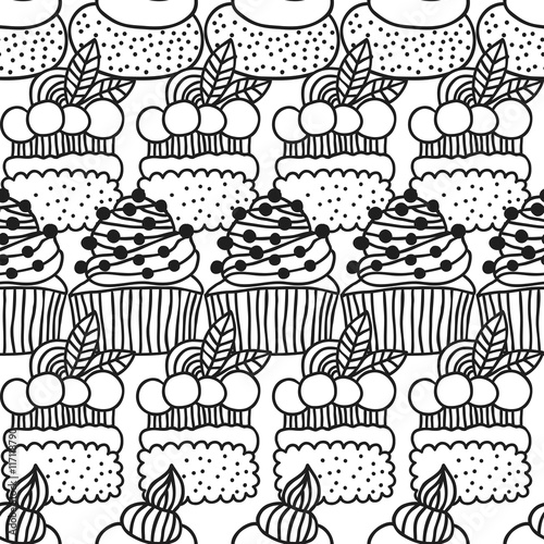 Black and white seamless pattern with cakes for coloring books.