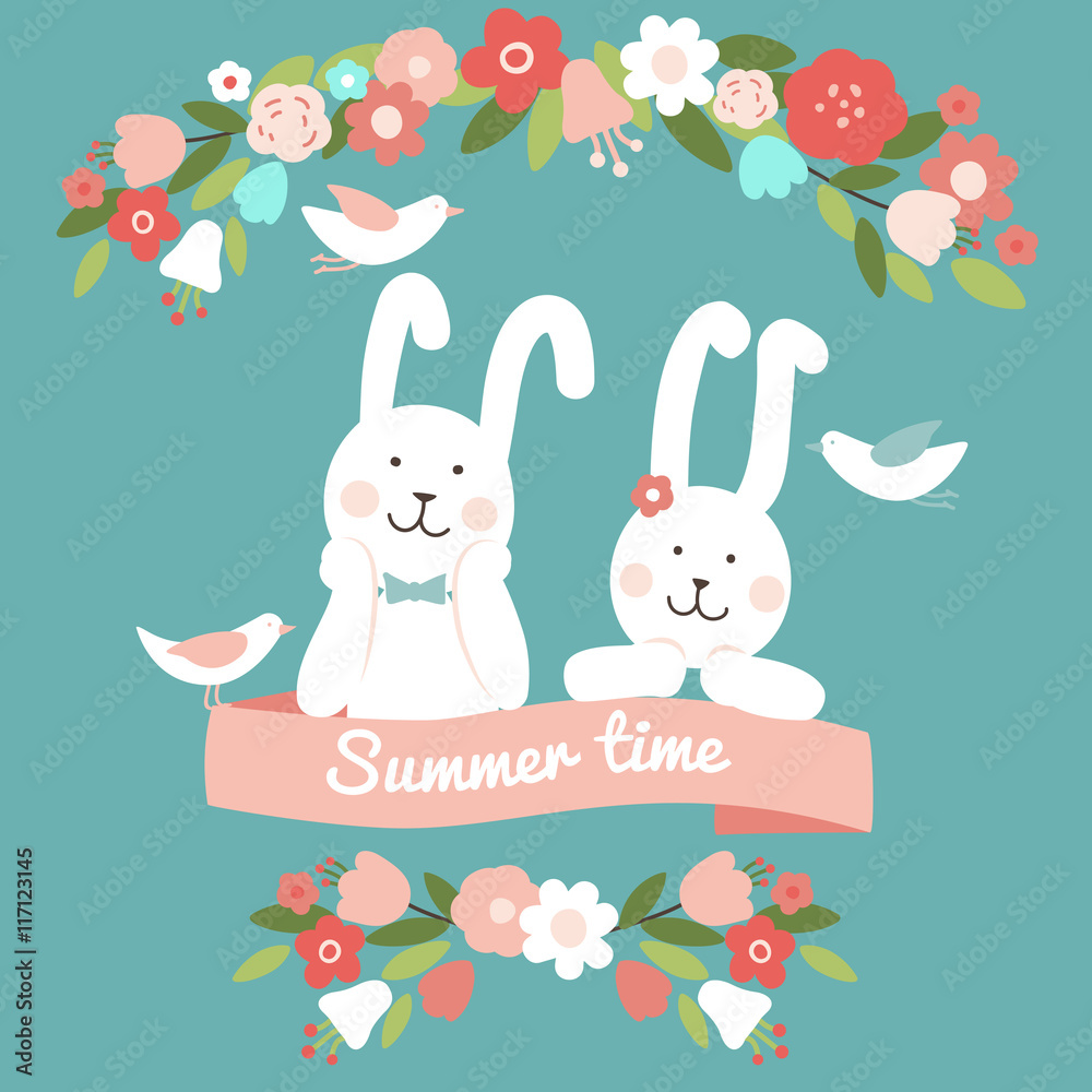 Cute rabbits with flowers Cute rabbits with flowers