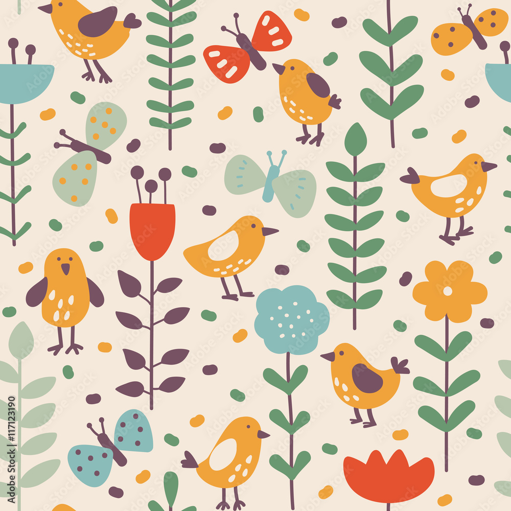 Fototapeta Seamless pattern with cute chicks and flowers