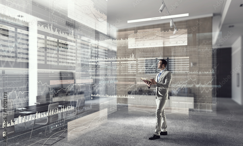 Businessman in modern interior  . Mixed media