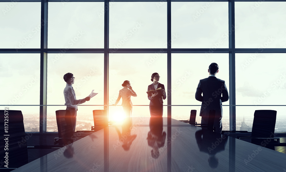 Silhouettes of Business People in Office. Mixed media . Mixed media