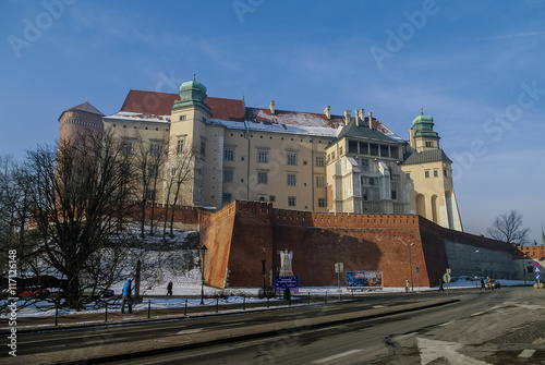 Wawel royal castle in winter morning. Krakow, Poland