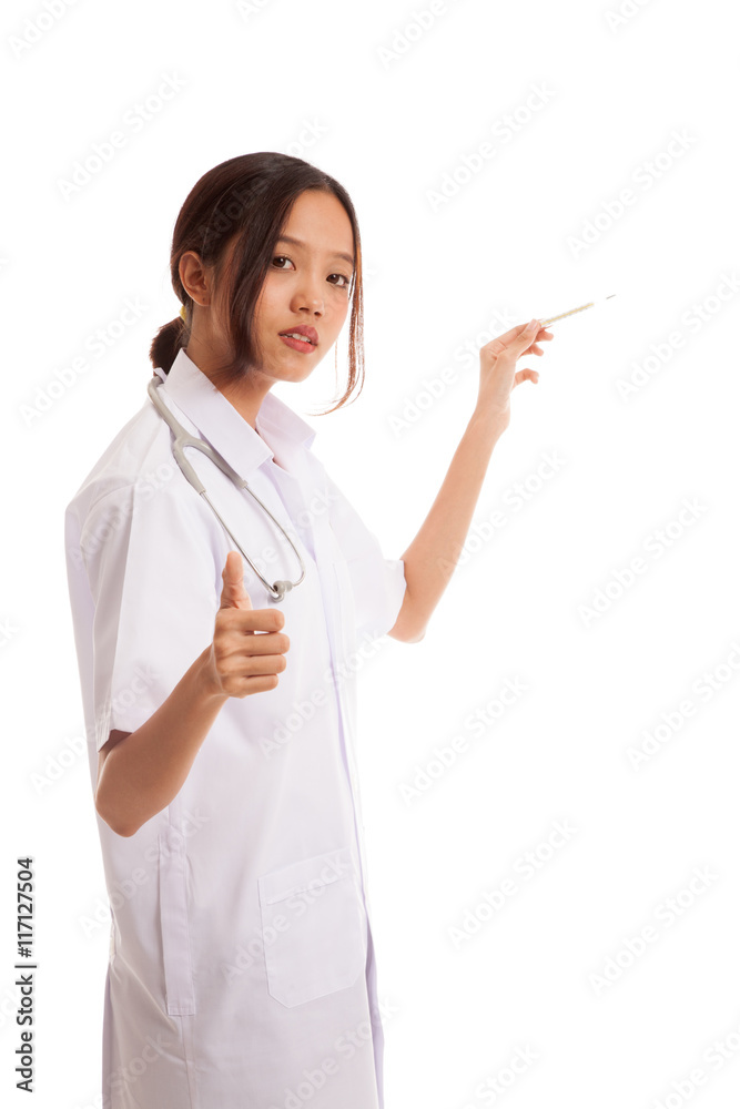 Young Asian female doctor thumbs up with thermometer Young Asian female doctor thumbs up with thermometer