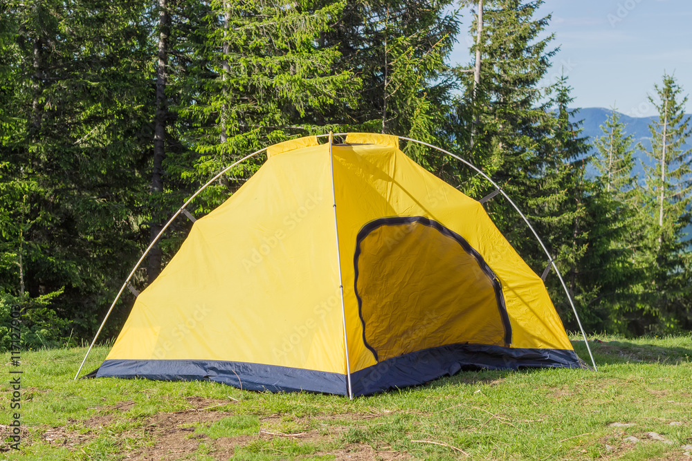 Inner tent from hiking dome tent on background of forest