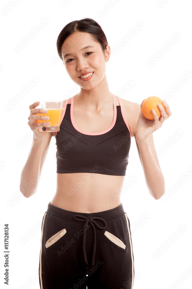 Beautiful Asian healthy girl with orange juice and orange fruit Beautiful Asian healthy girl with orange juice and orange fruit