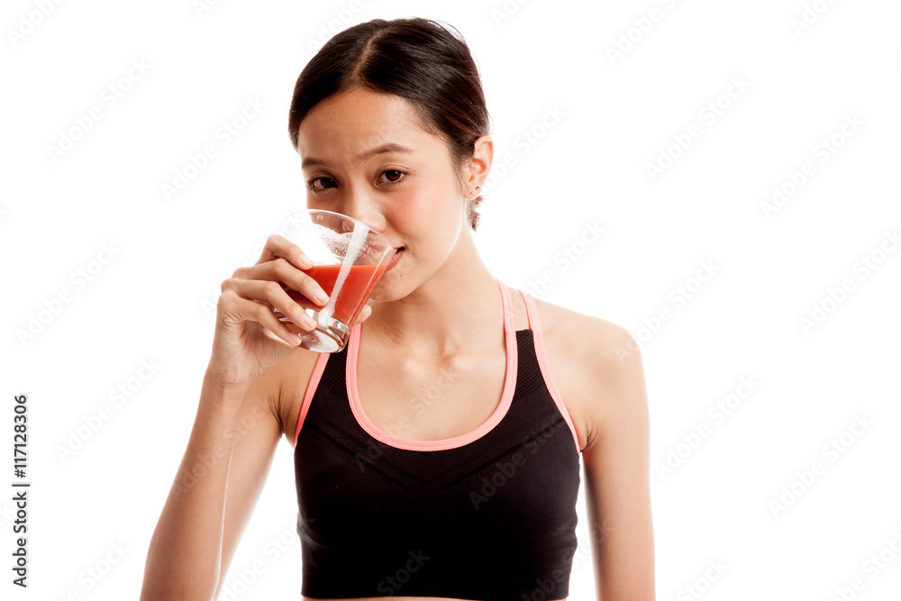 Beautiful healthy Asian girl drink tomato juice Beautiful healthy Asian girl drink tomato juice