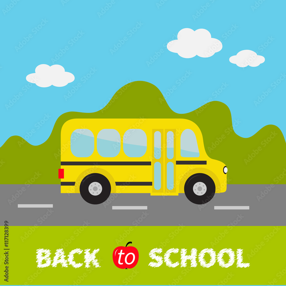 Yellow school bus kids. Green grass and road. Cartoon clipart.  Transportation. Full face view. Baby collection. Back to school. Greeting  card. Flat design. Cute nature background with sky clouds. Stock Vector |