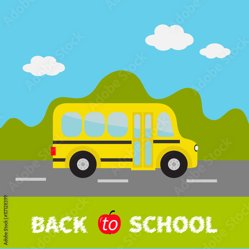 Yellow school bus kids. Green grass and road. Cartoon clipart. Transportation. Full face view. Baby collection. Back to school. Greeting card. Flat design. Cute nature background with sky clouds.