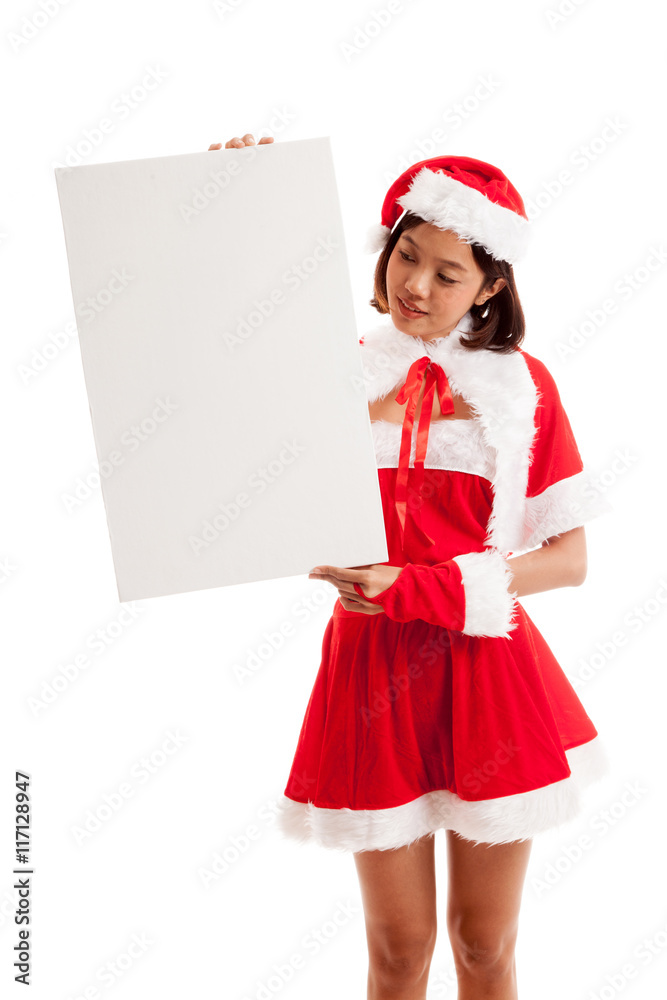Asian Christmas Santa Claus girl with blank sign Asian Christmas Santa Claus girl with blank sign