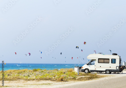 caravan, sea, summer spors, kite surfing