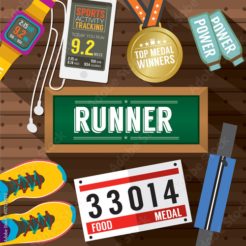 Top View Runner Gears On Wooden Plank Vector Illustration.