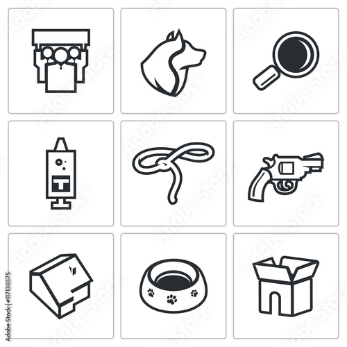 Vector Set of Animal Protection Icons. Protest, Animal, Search, Vaccination, Catching, Shooting, House, Food, Wandering.