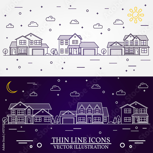 Neighborhood with homes illustrated white and purple background.