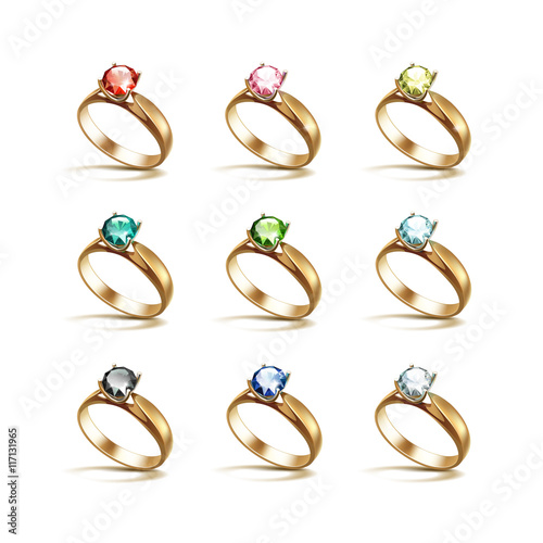 Set of Gold Engagement Rings with Colored Red Pink Blue Turquoise Green Black and White Shiny Clear Diamonds Isolated