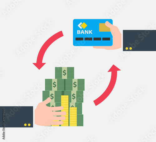 human hands with money stack and coins credit card in flat style 
