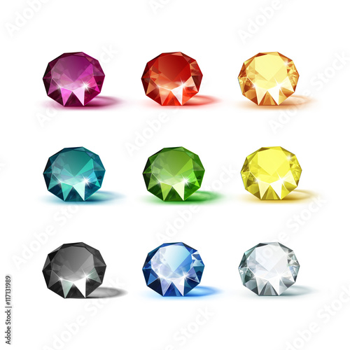 Set of Colored Blue Turquoise Purple Yellow Orange Green White Black and Red Shiny Clear Diamonds Isolated