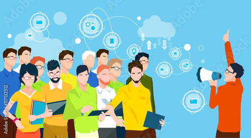 Businessman Boss Hold Megaphone Loudspeaker Colleagues Business People Team Leader Group Businesspeople