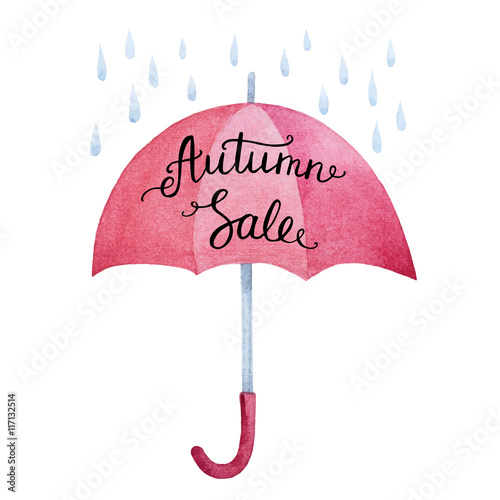 Watercolor red umbrella with rain drops.