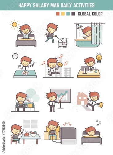 happy salary man daily life working day routine vector illustrat