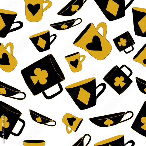 Cups with cards suits from Alice adventures in wonderland world. Seamless vector illustration can be used for Wallpapers, Pattern Fills, Web Page Backgrounds, Surface Textures