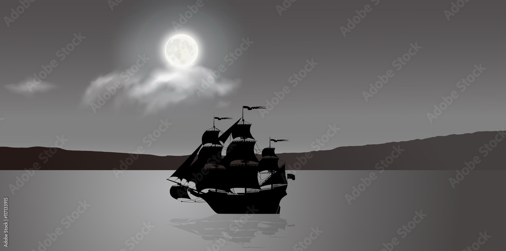 Sailing Ship Under The Moonlight 