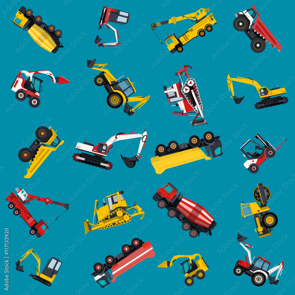 Wallpaper with construction machinery set on blue. Ground works background. Machine vehicles. Excavator, truck, digger, crane, bagger, mix, lorry. Heavy pavement foundation. Master vector illustration