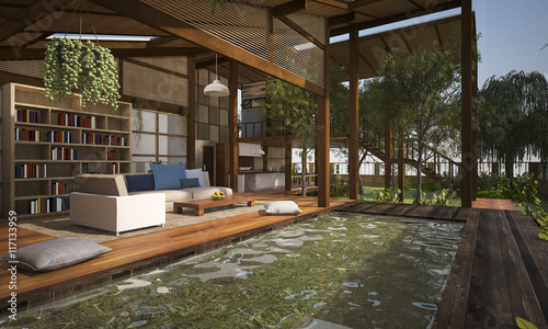 3D rendering contemporary wood living zone with pond