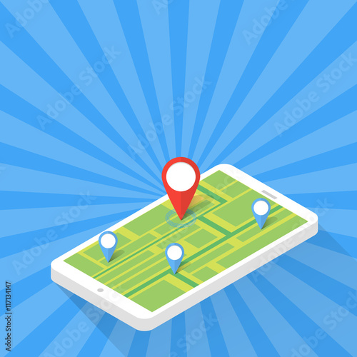 Game Application Concept. Gps Map Navigation with Phone Screen. Vector Illustration