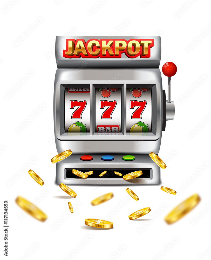 Naklejka premium Slot machine with lucky seven and flying golden coins isolated on a white background.